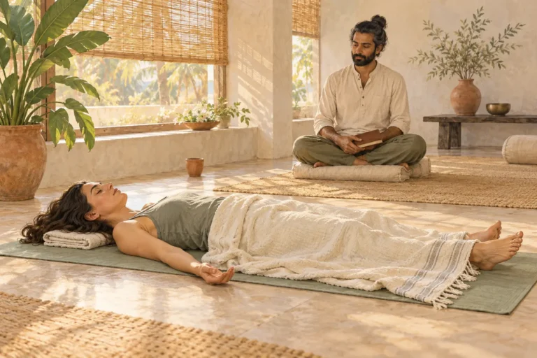 Illustration peinte d’une femme allongée sur un tapis tandis qu’une personne assise guide une pratique de Yoga Nidra.