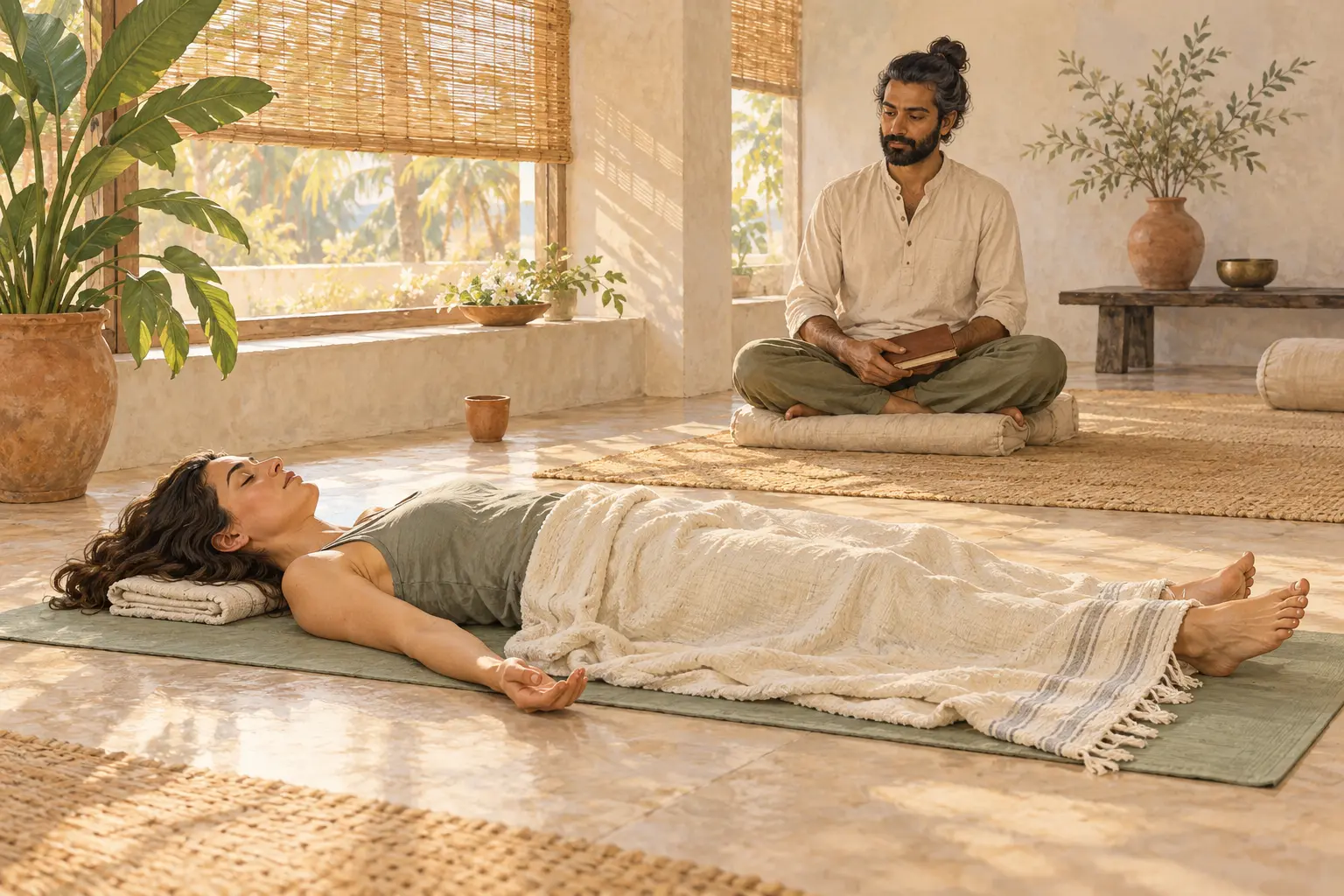 चटाई पर आराम करती हुई एक महिला का चित्रित दृश्य, जबकि बैठे हुए मार्गदर्शक Yoga Nidra अभ्यास का निर्देश दे रहे हैं।