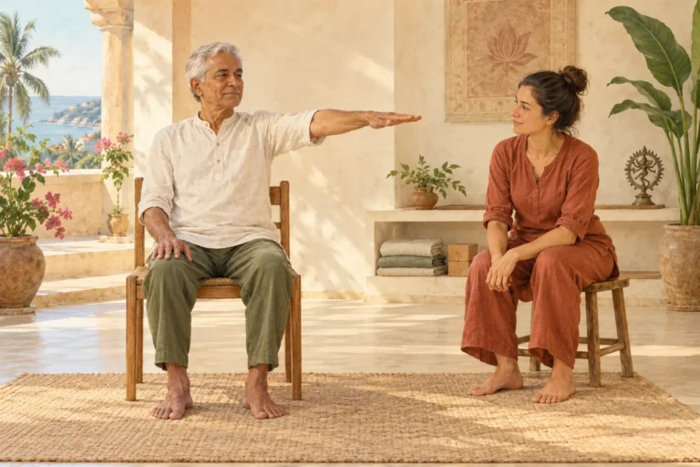 Illustration du yoga thérapeutique : un homme âgé pratique un mouvement adapté sur une chaise, avec une enseignante de yoga à proximité.