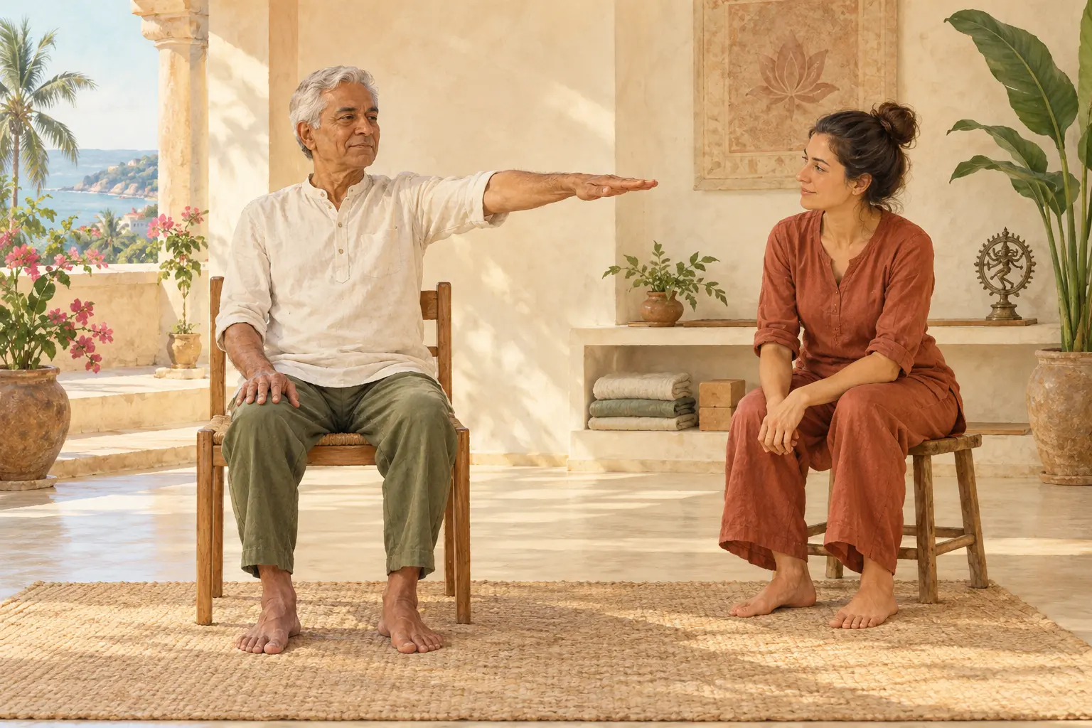 Illustration du yoga thérapeutique : un homme âgé pratique un mouvement adapté sur une chaise, avec une enseignante de yoga à proximité.