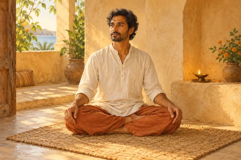 Tantra yoga illustration: a man sits in quiet meditation in a warm earthen room.