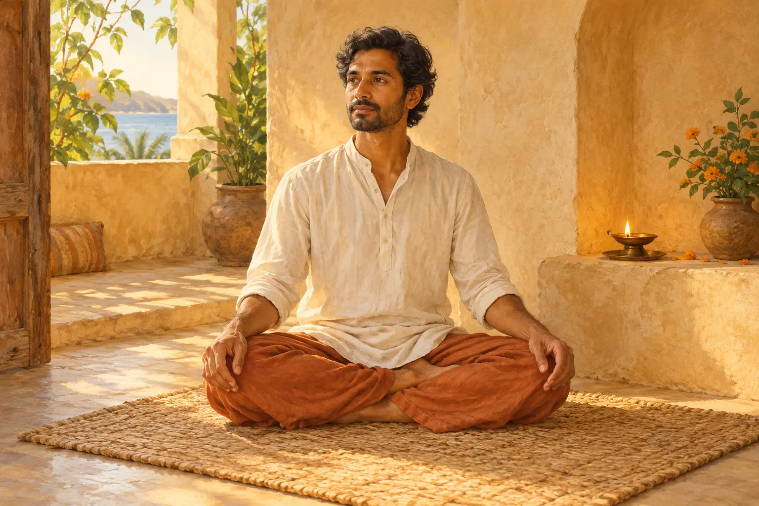 Tantra yoga illustration: a man sits in quiet meditation in a warm earthen room.
