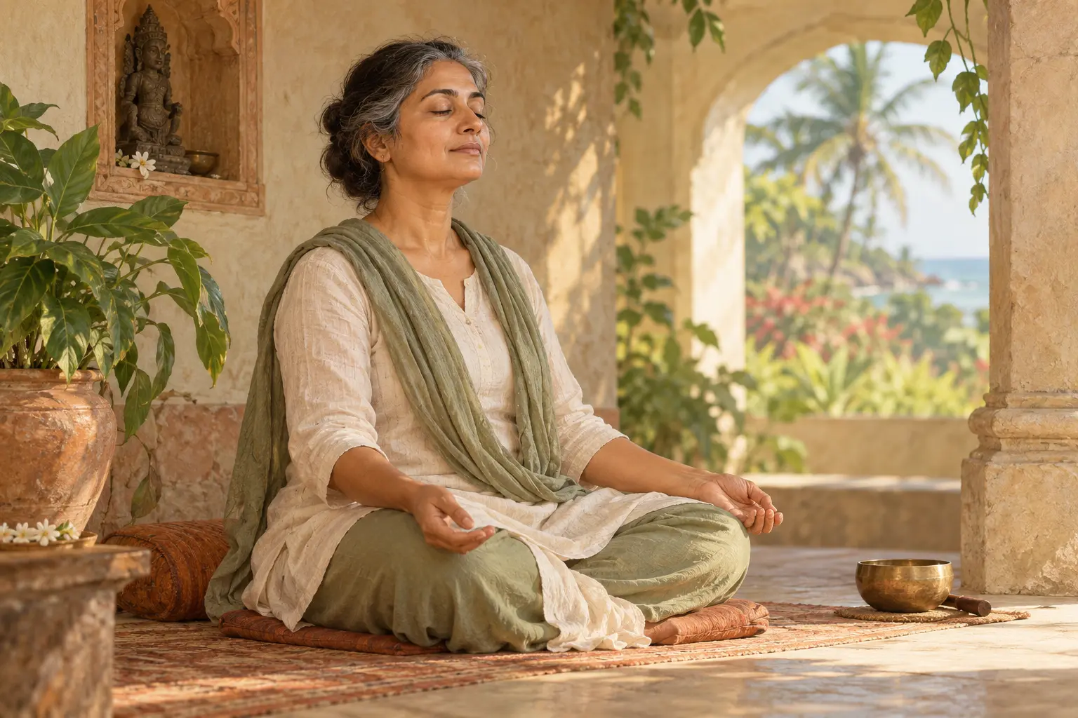 Laya yoga illustration: a woman sits quietly in meditation beside a small brass bowl.