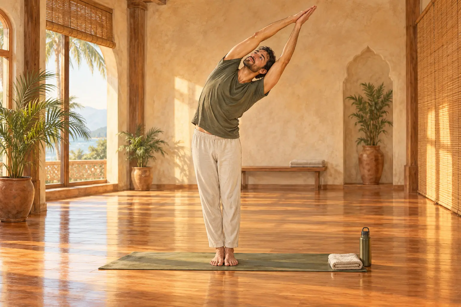 Bikram yoga illustration: a man practises a standing side bend in a warm room with a towel and water bottle.