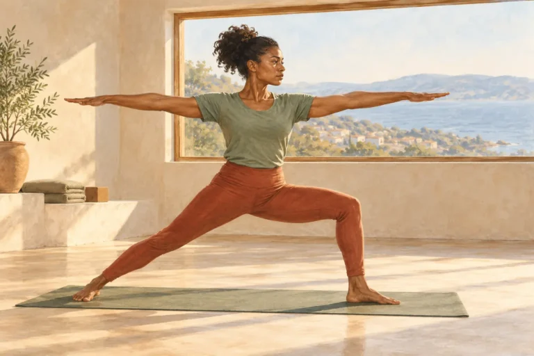 Power yoga illustration: a woman holds Warrior II with a steady stance and extended arms.