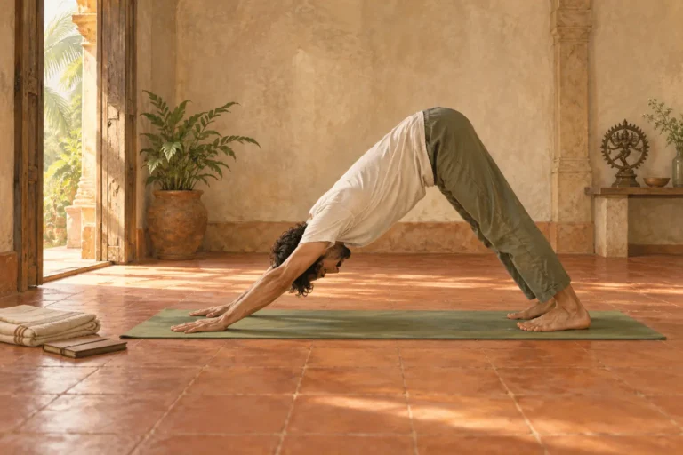 Ashtanga yoga illustration: a man practises downward-facing dog in a quiet yoga hall.