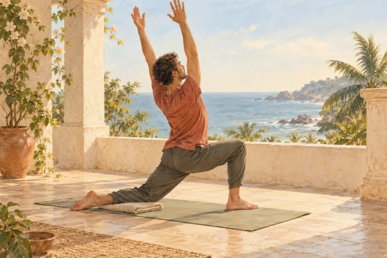 Vinyasa yoga illustration: a man moves through a supported low lunge on a coastal veranda.