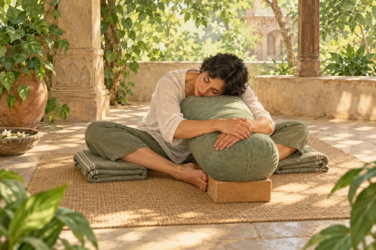 Yin yoga illustration: a woman rests in a supported butterfly fold with a bolster and blankets.