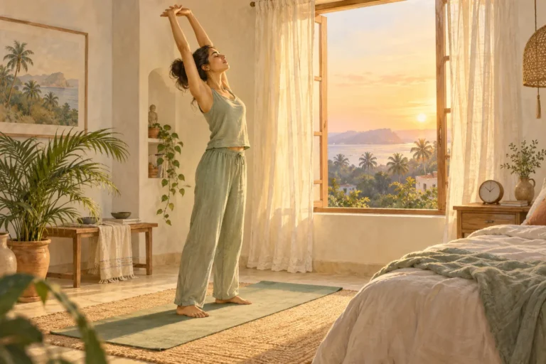 Morning yoga routine illustration: a woman stretches on a mat beside an open bedroom window at sunrise.