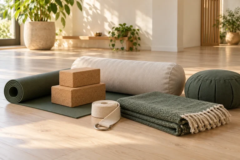 Yogablöcke aus Kork, Baumwollbolster, Gurt, gefaltete Decke und Meditationskissen auf einer Yogamatte.