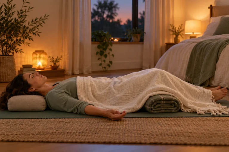 Woman resting on a yoga mat with blankets supporting her knees in a softly lit room.