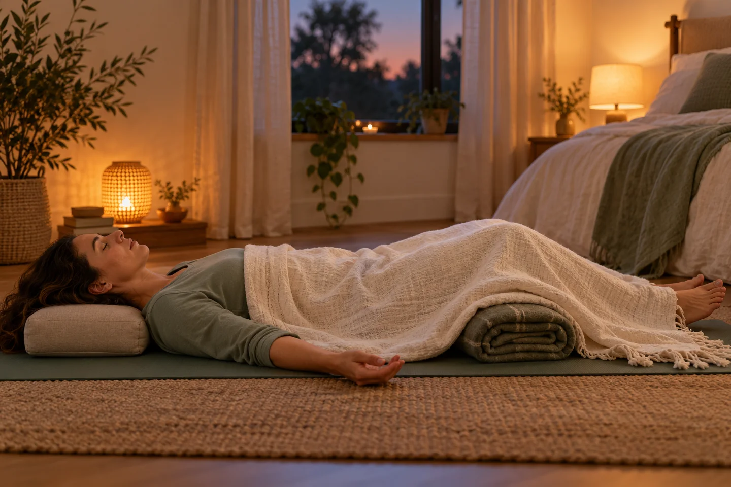 Woman resting on a yoga mat with blankets supporting her knees in a softly lit room.