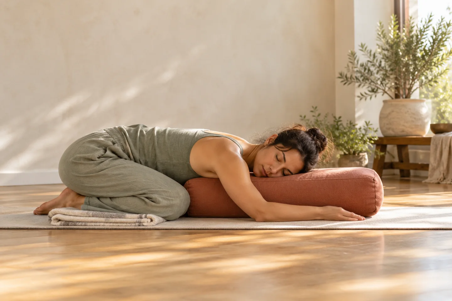 Woman resting her torso on a bolster in supported child's pose, with a folded blanket under her knees.