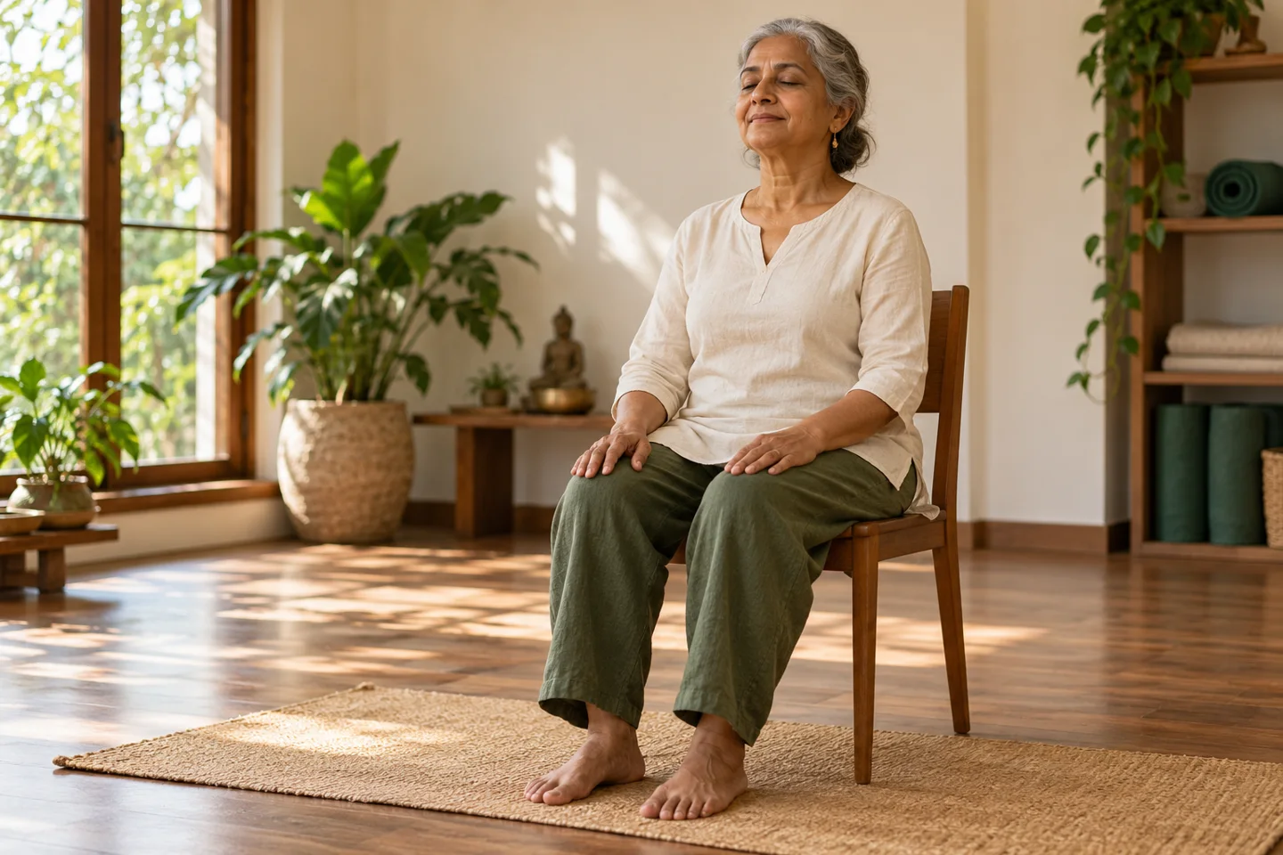 Senior Yoga: Ältere Frau sitzt aufrecht auf einem Stuhl, die Füße flach auf einer Yogamatte.