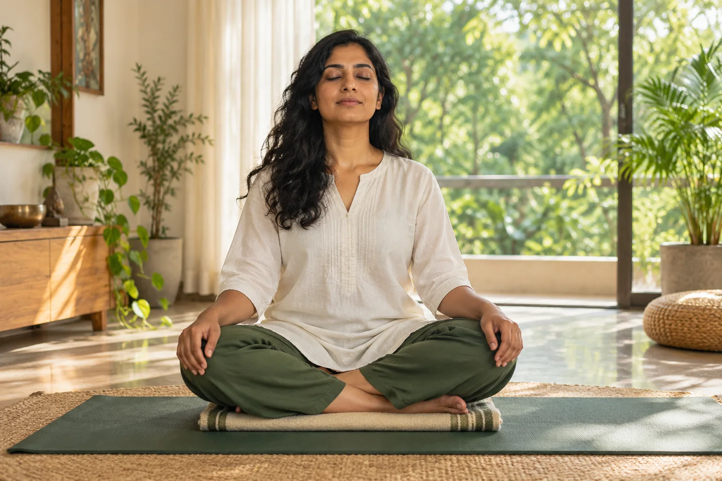 Woman seated comfortably on a folded blanket during a quiet breathing practice.