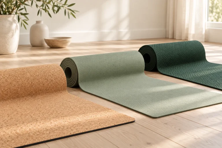 Three partly rolled yoga mats in cork, sage and forest green showing their surfaces.