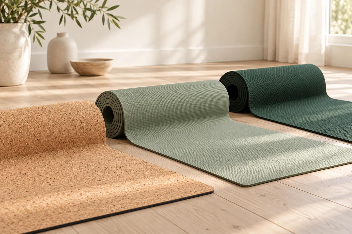 Three partly rolled yoga mats in cork, sage and forest green showing their surfaces.