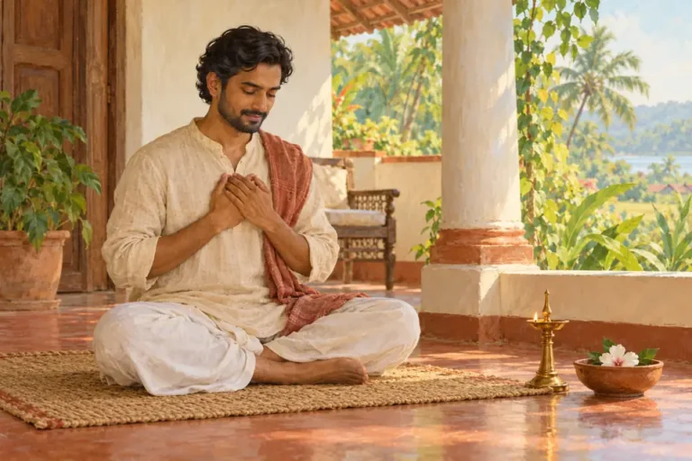 Bhakti Yoga illustration: a seated man holds his hands near his heart beside a brass lamp and a flower.
