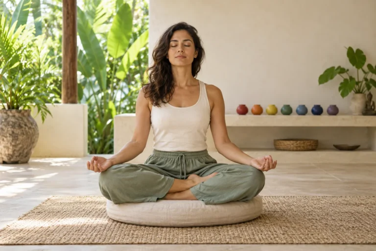 A woman meditates on a cushion with seven coloured ceramic vessels on a shelf behind her.