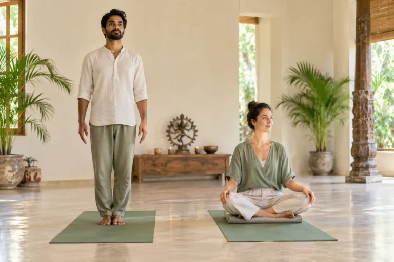 One practitioner stands in mountain pose while another sits cross-legged on a cushion in a sunlit yoga studio.