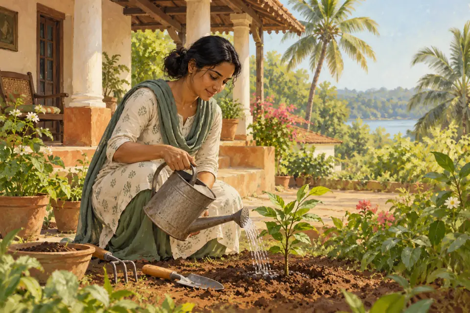 Illustration du Karma Yoga : une femme arrose une jeune plante dans un jardin partagé, près d'une véranda goanaise.