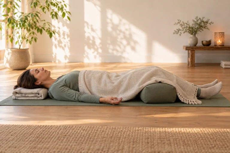 A woman rests on her back under a light blanket with a bolster supporting her knees.