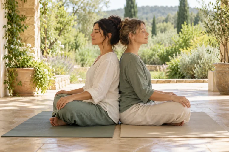 Two women sit back-to-back on yoga mats for a partner breathing practice.