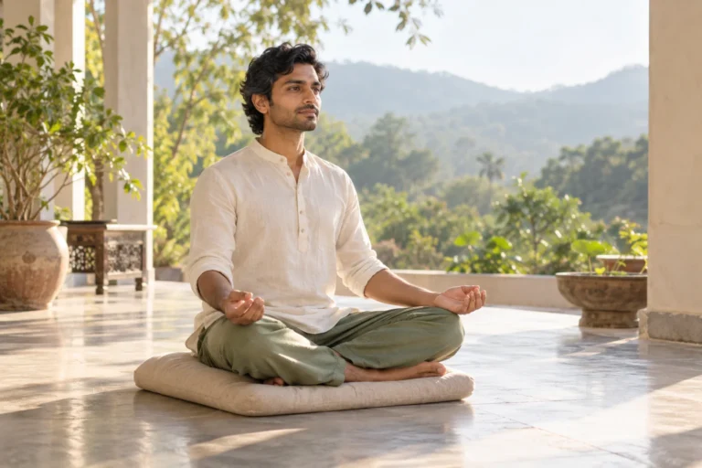 A practitioner meditates seated cross-legged on a cushion in a bright veranda.
