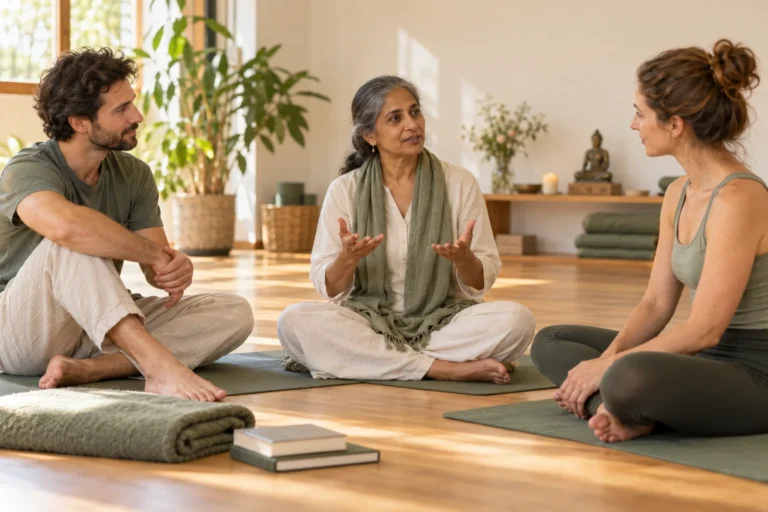 A yoga teacher discusses practice with two students seated on mats.