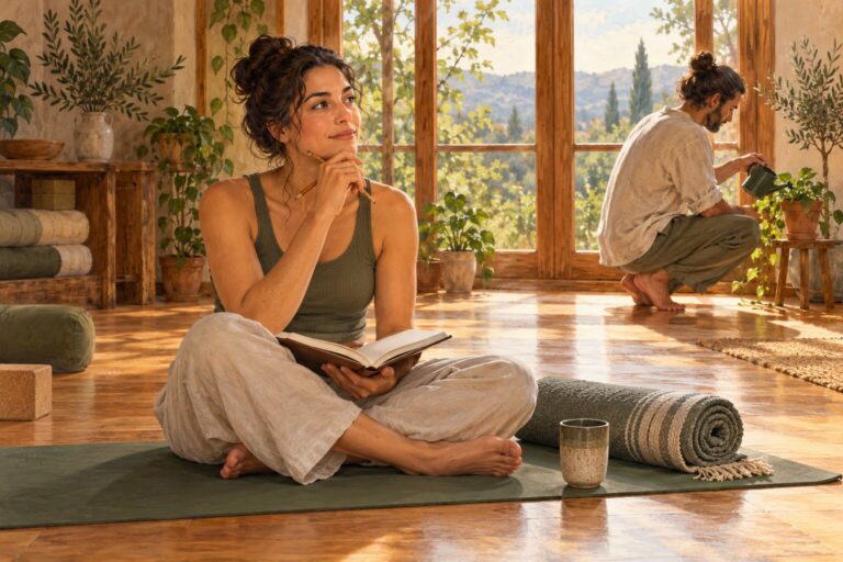 Illustration d’un pratiquant réfléchissant avec un carnet pendant qu’une autre personne arrose une plante dans un studio de yoga.