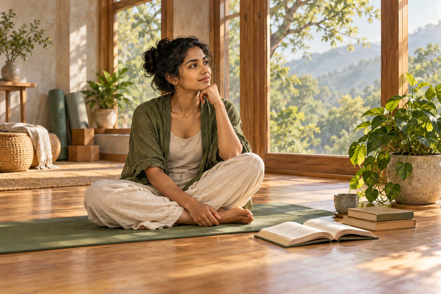 Illustration of a practitioner sitting on a yoga mat beside an open book in a sunlit studio.
